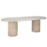 Table de salle à manger ovale en marbre Sawar Toronto avec dessus à motif linéaire, base en MDF gris, pour maison de luxe, villa, cuisine, restaurant