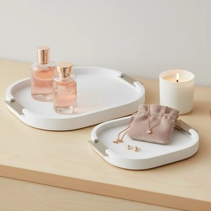 Oval Ceramic Decorative Tray With Handles Minimalist Design 2Pcs Cosmetic Storage - Product Image 3