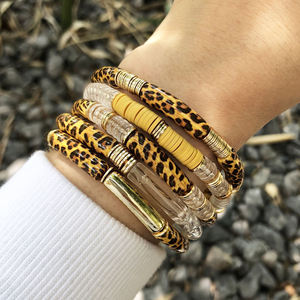 Pulseras de Moda con Diseño de Leopardo para Mujer, Tubo con Disco Dorado, Cuerda Elástica, Hechas a Mano, Brazaletes de Resina - Product Image 6