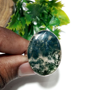 Bague ovale en agate mousse naturelle, argent sterling 925, faite à la main, bijou statement pour homme et femme, cadeau personnalisé - Product Image 3