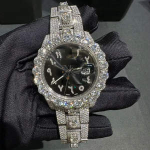 Montre de luxe Hip Hop personnalisée, cadran noir, chiffres arabes, diamants Moissanite VVS, boîtier en acier inoxydable, mécanique - Product Image 1