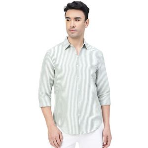 Camisa de hombre a rayas con cuello extendido y alto contenido de lino – Camisa informal de verano ligera y cómoda con cierre de botones - Product Image 2