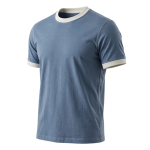 T-shirt en jersey pour homme, bleu, coupe classique, col rond, manches courtes, décontracté, couleur unie, tricoté, 100 % polyester, infroissable - Product Image 5