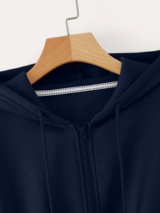 Hooded <b>Zip</b>-<b>Up</b> Sweatshirt-Long Sleeve Solid Color Eco-Friendly Hip Hop Style. Autumn/Spring & Winter Casual Wear with Front Logo - Product Image 3