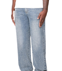Vaqueros de mezclilla con pedrería para hombre, de pierna ancha y recta, lavados, con logo personalizado, estilo urbano - Product Image 3
