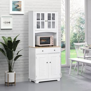 Credenza da Cucina in Legno Massello da 67 Pollici con Dispensa, Ante in Vetro Incorniciato, Armadietti con Ante a Persiana, 2 Cassetti Aperti per Microonde e Piano di Lavoro - Product Image 4