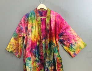 <b>Tie</b> Dye Kimono Dress Three Quarter Sleeve Loose Fit V Neck Gradient Color 100% Polyester Woven Fabric Waterproof Breathable - Product Image 5