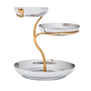 Support à gâteau à 3 niveaux plaqué or 24 carats forgé à la main en acier inoxydable feuilles déco 2 bols moyens bol généreux outil de pâtisserie - Product Image 1