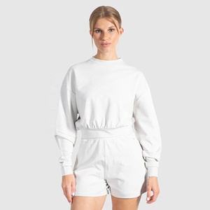Sweat-shirt blanc surdimensionné en coton de haute qualité à col rond et manches longues, coupe courte décontractée pour femme, idéal pour l'été - Product Image 1