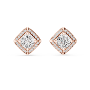 Boucles d'oreilles clous en or jaune 14 carats avec halo carré de diamants, taille brillant rond central, bijoux de luxe géométriques pour femme - Product Image 5