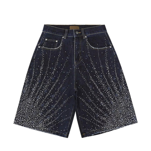 High Waist Dark Wash Denim Shorts With Sequin Embroidery Casual Style For Men Summer Wear 100% Cotton Straight Leg Cut - Product Image 2