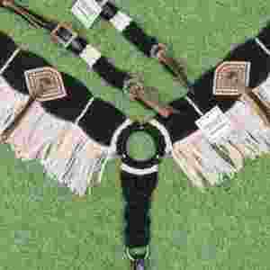 Juego de cabezada de mohair gris oscuro, azul cielo y beige sobre cuero argentino - Product Image 3