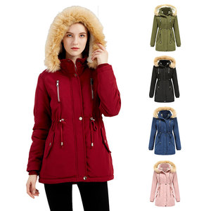 Parka d'hiver pour femme vert olive à capuche avec bordure en fausse fourrure et logo imprimé sur le devant, manteau long décontracté coupe régulière coupe-vent - Product Image 6