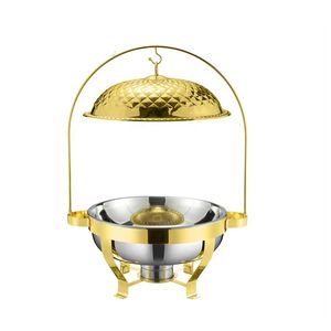 Hanging Gold Dome Chafing Dish Round Stainless Steel <b>Buffet</b> <b>Server</b> with Arched Stand and Textured Gold Lid for Wedding Events - Product Image 1