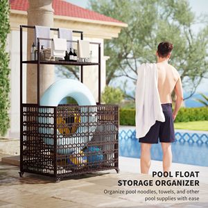 Cesto portaoggetti galleggiante in rattan intrecciato per piscina con portasciugamani e carrello con ruote - Product Image 4