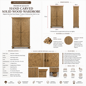 Hand Carved Traditional Mango Wood Double Door <b>Wardrobe</b> Majestic Branches Eco-Friendly Bedroom Storage for Hotel Villa Use - Product Image 5