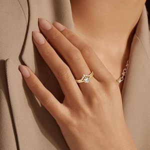 Yellow Gold Plated Moissanite Engagement <b>Ring</b> Round Brilliant Cut <b>Crown</b> Style Pave Setting Women's Classic Wedding Band - Product Image 5