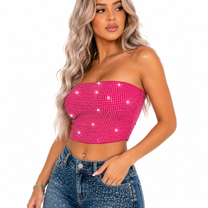 Wholesale Hot Pink <b>Rhinestone</b> Tube <b>Top</b> women's shirt Slim Fit Strapless <b>Crop</b> <b>Top</b> Custom Y2K Boutique Fashion Glam Party Clubwear - Product Image 3