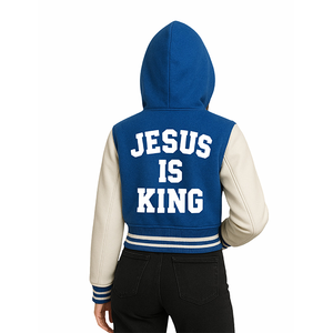 Women's Christian Jesus Crown of Thorns <b>Cross</b> Varsity Jacket Faith Inspired Waterproof Front Blue & White Hooded Bomber Jacket - Product Image 4