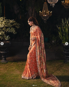 Sari en soie corail élégant pour femme, tenue de mariage traditionnelle indienne et pakistanaise, longueur ras du sol, coupe classique, toutes saisons - Product Image 4