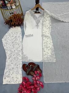 Conjunto indio-pakistaní de crepé natural con cuentas y bordados de satén, de secado rápido, Salwar Kameez Sharara, para bodas y fiestas. - Product Image 5