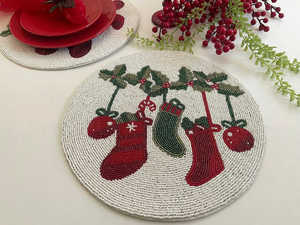 Handcrafted Beaded Round Placemat <b>Christmas</b> Table <b>Mat</b> Festive Holiday Table Decor for Dining and Party - Product Image 1