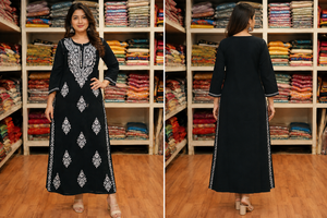 Kurti Moderno Negro con Bordado Chikankari a Mano, de Algodón, para Mujer, con Cuello Floral, Corte Recto, Estilo Étnico Indio, para Uso Casual - Product Image 4