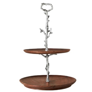 Eco-Friendly 2 Tier Wooden Cake Stand With Silver Metal Tree Branch Handle For Wedding Birthday Party Round Wood Dessert Serving - Product Image 1