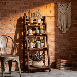 <b>Rustic</b> Wooden Ladder Shelf Stand For Living Room Bedroom Balcony Plant Display Book Storage Organizer And Home Decor Rack - Product Image 6