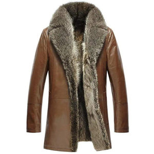 Manteau long en cuir véritable pour homme, longueur genou, avec col en fourrure, ouverture sur le devant, manteau en cuir véritable pour homme, long trench-coat - Product Image 1