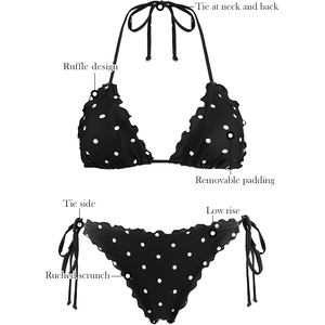 Conjunto de Bikini con Estampado de Puntos Blancos y Negros, Adorno Festoneado, Halter Triangular, Sexy, 2 Piezas, Ropa de Playa - Product Image 4