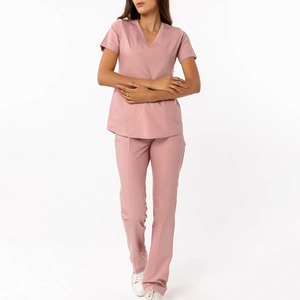 Pink Women's <b>Scrub</b> Set V-Neck Short Sleeve With Pockets Hospital Uniform Woven Cotton Polyester Blend - Product Image 1