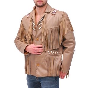 Veste en cuir de cow-boy western pour homme, couleur tan, à longues franges et perles, style Rodeo Ranch vintage, style country, vente en gros de vêtements western - Product Image 4