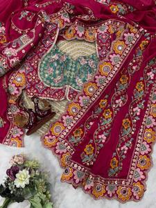 Hand Drawn Embroidered Floral Women Set Traditional Indian <b>Saree</b> <b>Blouse</b> and Dupatta Modest Party Wedding Wear - Product Image 1