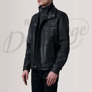 Premium Men Black Textured <b>Leather</b> <b>Jacket</b> Vintage High Neck Double Collar Slim Fit Genuine <b>Leather</b> Casual Fashion Coat - Product Image 4