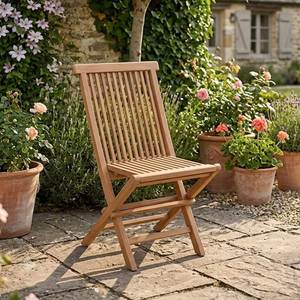 Chaise pliante sans accoudoirs en teck massif à lattes pour patio, jardin, ou balcon extérieur - Product Image 1