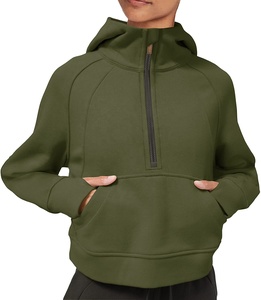 Sweat-shirt court à capuche pour femmes, pull-over molletonné, col, manches longues, avec trou de pouce, - Product Image 2