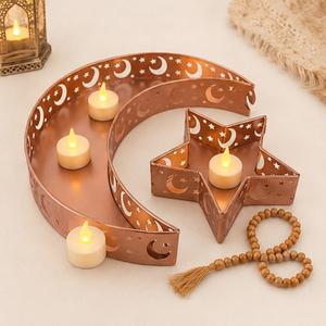 Wholesale Rose <b>Gold</b> Metal Ramadan <b>Tray</b> Set Hollow Out Moon Star Shaped Eid Mubarak <b>Serving</b> Plate Modern Islamic Iftar Party - Product Image 4
