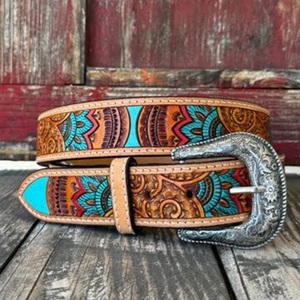 Vintage handmade <b>Leather</b> <b>Belt</b> Engraved Floral Pattern Western Style cowhide strap Embossed Artisan Casual Fashion Accessory - Product Image 4