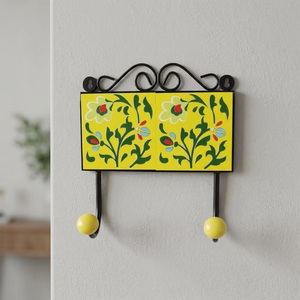 Crochets muraux en céramique jaunes à motifs floraux, 2 supports en céramique, imperméables, écologiques, installation autocollante pour la décoration de la maison, style rétro - Product Image 1