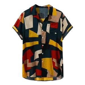 Chemise à manches courtes pour homme, imprimé géométrique personnalisé, décontractée, boutonnée, printemps-été, mode streetwear, style hawaïen, vente en gros OEM - Product Image 1