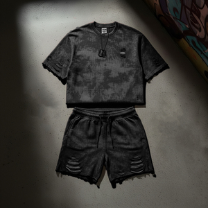 Custom Made Acid Washed Distressed Tshirts Oversized Blank 100 Cotton t Shirt and Shorts Set Men - Product Image 3