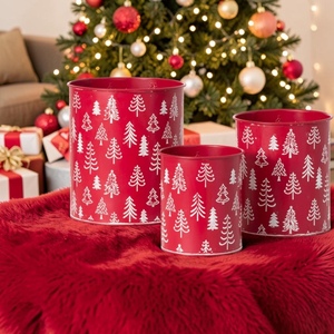 Red Metal Christmas <b>Tree</b> Pattern Decorative Containers Set of 3 Round Reusable Holiday Storage Buckets - Product Image 6