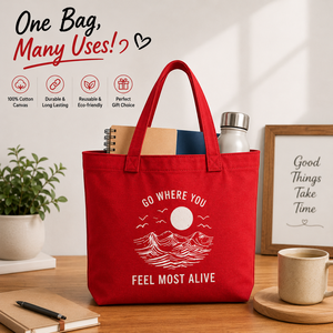 Red <b>Canvas</b> <b>Tote</b> Bag With Mountain Print Go Where You Feel Most Alive Design For Shopping And Everyday Use - Product Image 4