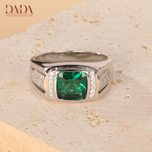Men's White Gold Signet Ring With <b>Emerald</b> Cut Green Stone And Diamond Accents Everyday Wear Style - Product Image 3