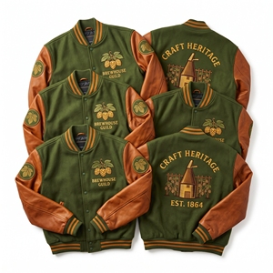 OEM Custom Varsity Jacket Supplier <b>Moss</b> <b>Green</b> Wool Body Brown Leather Sleeve Hops Windmill Embroidery Baseball Outerwear - Product Image 1