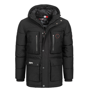 Blouson matelassé noir pour homme avec capuche amovible, coupe-vent, vêtement d'extérieur décontracté d'hiver, coupe régulière, design à patchs sur la manche gauche - Product Image 2