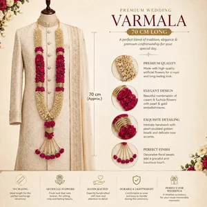 พวงมาลัยวาร์มาลาสีชมพูทองคำทำมือแบบราชวงศ์ ขายส่งสำหรับงานแต่งงานอินเดีย จัยมาลาสำหรับเจ้าสาวและเจ้าบ่าว พร้อมดอกไม้ประดิษฐ์คุณภาพพรีเมียม - Product Image 4
