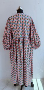 Ethnic Pink Floral Hand Print Cotton Midi <b>Dress</b> With Tie Neck Short Puff Sleeve <b>Loose</b> Fit Casual Summer <b>Dress</b> For Women - Product Image 2