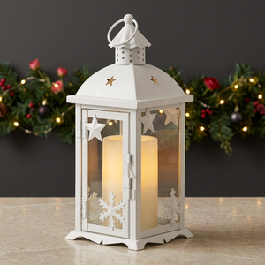Última novedad: Farol navideño blanco con recortes de copos de nieve y estrellas, portavelas para decoración del hogar - Product Image 1